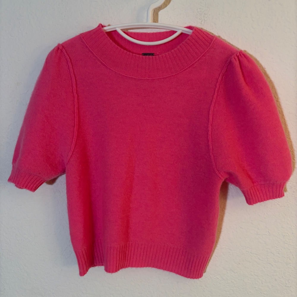 Free People Staycation Cashmere Sweater Size XS Pink Short Puff Sleeve Crew Neck